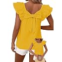 Falechay Womens Bow Tie Back Tops Babydoll Vneck Ruffle Short Sleeve Shirts
