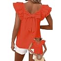 Falechay Womens Bow Tie Back Tops Babydoll Vneck Ruffle Short Sleeve Shirts
