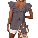 Falechay Womens Bow Tie Back Tops Babydoll Vneck Ruffle Short Sleeve Shirts