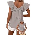 Falechay Womens Bow Tie Back Tops Babydoll Vneck Ruffle Short Sleeve Shirts
