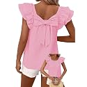 Falechay Womens Bow Tie Back Tops Babydoll Vneck Ruffle Short Sleeve Shirts