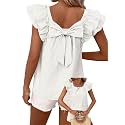 Falechay Womens Bow Tie Back Tops Babydoll Vneck Ruffle Short Sleeve Shirts