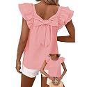 Falechay Womens Bow Tie Back Tops Babydoll Vneck Ruffle Short Sleeve Shirts