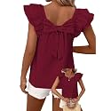 Falechay Womens Bow Tie Back Tops Babydoll Vneck Ruffle Short Sleeve Shirts