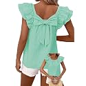 Falechay Womens Bow Tie Back Tops Babydoll Vneck Ruffle Short Sleeve Shirts