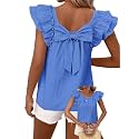Falechay Womens Bow Tie Back Tops Babydoll Vneck Ruffle Short Sleeve Shirts