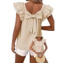 Falechay Womens Bow Tie Back Tops Babydoll Vneck Ruffle Short Sleeve Shirts