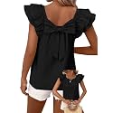 Falechay Womens Bow Tie Back Tops Babydoll Vneck Ruffle Short Sleeve Shirts