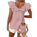 Falechay Womens Bow Tie Back Tops Babydoll Vneck Ruffle Short Sleeve Shirts