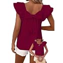 Falechay Womens Bow Tie Back Tops Babydoll Vneck Ruffle Short Sleeve Shirts
