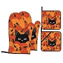 Fall Black Cat Oven Mitts and Pot Holders Sets 4 Pack