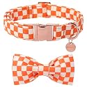 Fall Dog Collar with Bow Tie, Orange Plaid Bowtie Dog Collar, Autumn Bowtie Collars for Puppy Boy Girl Dogs, Comfortable Cotton Dogs Collars with Metal Buckle