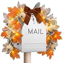 Fall Mailbox Decor 23.6'' Autumn Mailbox Swag Garland with Lights, Fall Pumpkins Maple Leaves Garland Thanksgiving Harvest Swag for Mail Box Window Mantels Home and Outside Decor