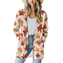 Fall Maple Leaf Cardigan Sweaters for Women Long Sleeve Cardigan Soft Drape Open Front Dusters V-Neck Jackets Dressy