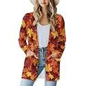 Fall Maple Leaf Cardigan Sweaters for Women Long Sleeve Cardigan Soft Drape Open Front Dusters V-Neck Jackets Dressy