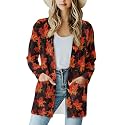 Fall Maple Leaf Cardigan Sweaters for Women Long Sleeve Cardigan Soft Drape Open Front Dusters V-Neck Jackets Dressy