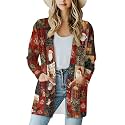 Fall Maple Leaf Cardigan Sweaters for Women Long Sleeve Cardigan Soft Drape Open Front Dusters V-Neck Jackets Dressy