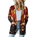 Fall Maple Leaf Cardigan Sweaters for Women Long Sleeve Cardigan Soft Drape Open Front Dusters V-Neck Jackets Dressy