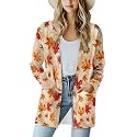 Fall Maple Leaf Cardigan Sweaters for Women Long Sleeve Cardigan Soft Drape Open Front Dusters V-Neck Jackets Dressy