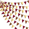 Fall Party Decorations Maroon Gold Brown Metallic Fabric Triangle Pennant Banner Burgundy Flag Bunting Garland for Autumn Thanksgiving Wedding Birthday Bridal Shower Engagement Graduation Garnet Party