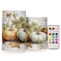 Fall Pumpkin Autumn Leaves Thanksgiving Flickering Flameless Candles Battery Operated with Remote Timer,Tea Light Candles LED Pillar Votive Candles Set of 2 for Outdoor Indoor Decorations