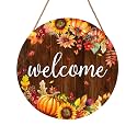 Fall Pumpkin Sunflower Front Door Welcome Hanger 12"x12" - Autumn Thanksgiving Farmhouse Decorations - Rustic Outdoor Hanging Plaque Wall Art for Home Porch
