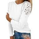 Fall Shirts for Women Trendy Crew Neck Long Sleeves Blouses Tops Dressy Casual Lace Floral Shoulder Basic Shirt
