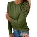 Fall Shirts for Women Trendy Crew Neck Long Sleeves Blouses Tops Dressy Casual Lace Floral Shoulder Basic Shirt