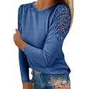 Fall Shirts for Women Trendy Crew Neck Long Sleeves Blouses Tops Dressy Casual Lace Floral Shoulder Basic Shirt