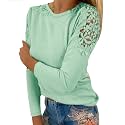 Fall Shirts for Women Trendy Crew Neck Long Sleeves Blouses Tops Dressy Casual Lace Floral Shoulder Basic Shirt