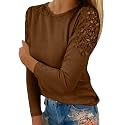Fall Shirts for Women Trendy Crew Neck Long Sleeves Blouses Tops Dressy Casual Lace Floral Shoulder Basic Shirt