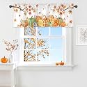 Fall Thanksgiving Valance for Windows,Window Treatment Curtains Rod Pocket Sheer Small Short Valance for Kitchen Bathroom Laundry Basement,42Wx12L inch,Autumn Pumpkin Maple Leaves