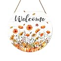 Fall Welcome Sign for Front Door Fall Floral Wooden Door Hanger 12x12 Inch Autumn Wreath for Outdoor Outside Porch Decor Farmhouse Flowers Welcome Hanging Sign for Home Wall Greeting Party