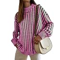 Famulily Womens Casual Long Sleeve Turtleneck Pullover Sweater Cable Knit Striped Color Block Sweater Tops