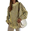 Famulily Womens Casual Long Sleeve Turtleneck Pullover Sweater Cable Knit Striped Color Block Sweater Tops