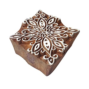 fancy square flower pattern wooden block stamp - diy henna fabric textile paper clay pottery block printing stamp