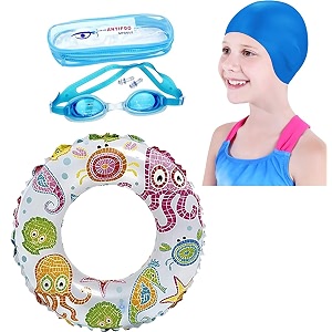 fancydresswale swimming set for kids with swimming goggles cap and swim ring random colors and design suitable of 3-6 years swim ring  goggles  cap