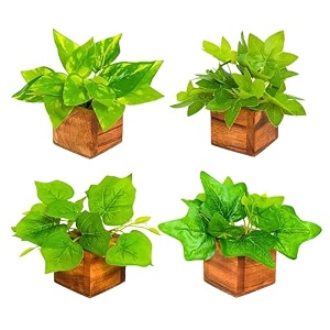 fancymart artificial leaves plant in small wood pot - 12cm height - pack of 4 - home amp office decor elegant potted plant for tabletopshelves enhancement