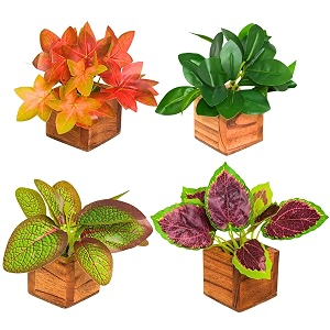 fancymart artificial leaves plant in small wood pot - 12cm height - pack of 4 - home amp office decor elegant potted plant for tabletopshelves enhancement