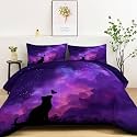 Fantasy Style Quilted Comforter Set Queen Size, Black Cat Silhouette Starry Sky Lightweight 3 Pieces Bedding Set, Purple Soft Warm Down Comforter 90" x 90" Quilted Bedding Sets for Girls Boys Kids