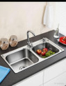 Fantus SS Double Bowl Kitchen Sink_37X18X8 with SS coupling & Adjustable Pipe Vessel Sink (Silver)