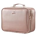 Faquenc Makeup Bag with LED Lighted Mirror 12.2 IN Cosmetic Train Case Double Layer Makeup Case Adjustable Brightness in 3 Colors Cosmetic Organizer Artist Storage with Brush Holder Vanity Smoky Pink
