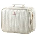 Faquenc Makeup Bag with LED Lighted Mirror 12.2 IN Cosmetic Train Case Double Layer Makeup Case Adjustable Brightness in 3 Colors Cosmetic Organizer Artist Storage with Brush Holder Vanity Beige