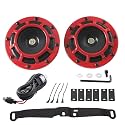FARBIN Waterproof Car Horn Loud Super tone High Tone/Low Tone Metal Twin Horns Kit with Protective Grill (red horn with harness and bracket)