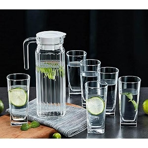 premium juice and water glasses set of 6 and jug set combo - glasses 270ml jug 1-liter glasses and jug set for dining table transparent ovl -c