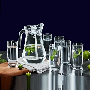 premium water and juice glasses set of 6 and jug set combo - glasses 300ml jug 13 liter glass and jug set for dining table transparent ovl - a