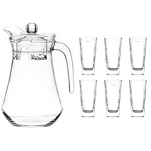 premium juice and water glasses set of 6 and jug set combo - glasses 270ml jug 1-liter glasses and jug set for dining table transparent ovl - b