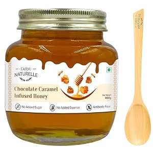 farm naturelle chocolate caramel infused honey 400g  pure forest honey blend  natural sweet flavor  no added sugar  glass jar