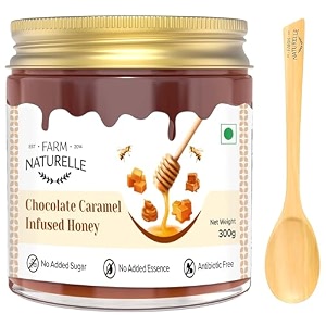 farm naturelle chocolate caramel infused honey 300g  rich forest honey blend  natural sweet flavor  no added sugar  premium glass jar