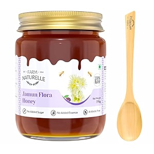 farm naturelle honey  jamun flower wild forest honey  100 pure honey raw natural un-processed -un-heated honey 700g75gm extra and a wooden spoon lab tested honey in glass bottle